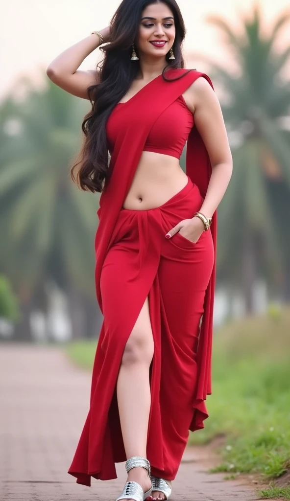 Kareena Kapoor wearing red blouse and long white skirt below waist and navel show