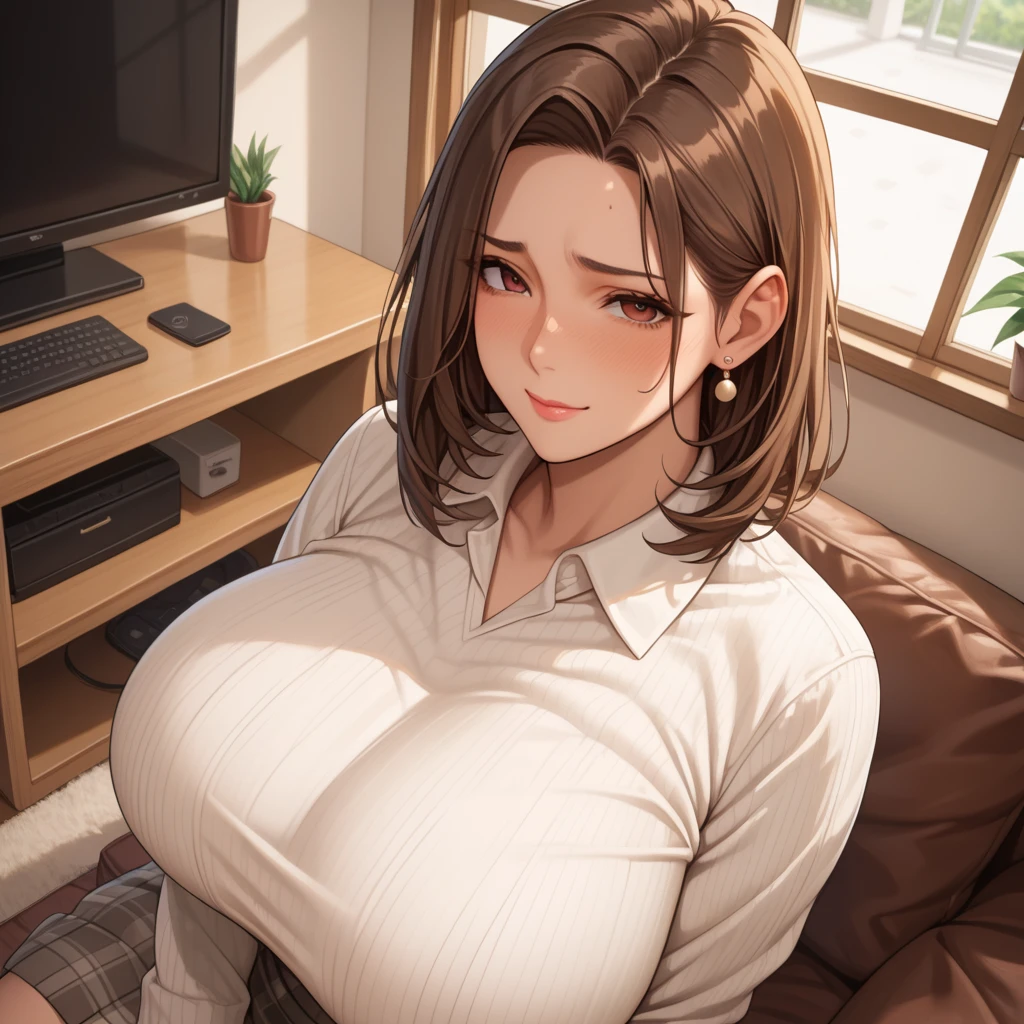 disgusted look, angry, busty, big breasts, massive breasts, pov eye contact, looking at viewer, thick, cleavage, thick lips, wide hips, thin waist, staring down at viewer, mature mom, jeans, yelling at viewer