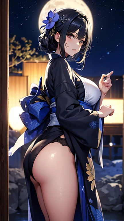 beatrixamerhauser, beatrix amerhauser, long hair, blue eyes, blonde hair,ponytail, (medium breast:1.2), BREAK japanese clothes,kimono,wet kimano, yukata,cleavege,neckline,black choker, BREAK looking at viewer, BREAK outdoors, onsen,night,steam,wet,stars,starfall,hot water, BREAK (masterpiece:1.2), best quality, high resolution, unity 8k wallpaper, (illustration:0.8), (beautiful detailed eyes:1.6), extremely detailed face, perfect lighting, extremely detailed CG, (perfect hands, perfect anatomy),full body,transparent kimano,long legs,from below,stockings,stocking suspenders,no bra,wet panties,show panties,camel toe,naked shoulders,from behind, back view shot, bend over