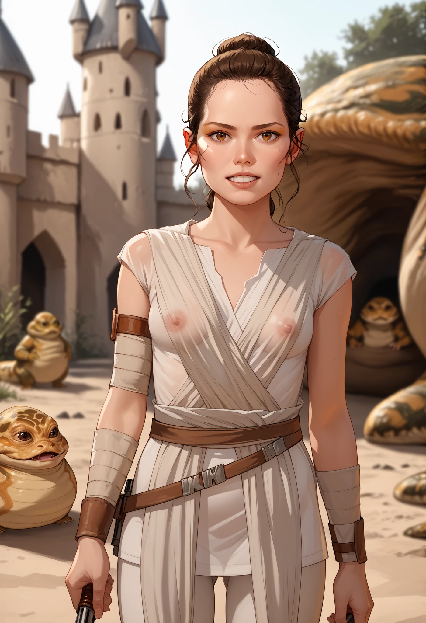 Rey, brown hair, brown eyes, natural small breasts, BREAK, see-through sleeveless, see-through jedi, see through white cloth, BREAK, looking at viewer, seductive, sexy pose, in front of, BREAK (1male) jabba the hutt, monster, snake, orange sclera, dark green and brown colored skin. size difference, excited, hungry lusty, BREAK, outside a deserted medieval castle, BREAK, masterpiece, dramatic lighting, highly detailed, depth of field #Rey-Raine-00