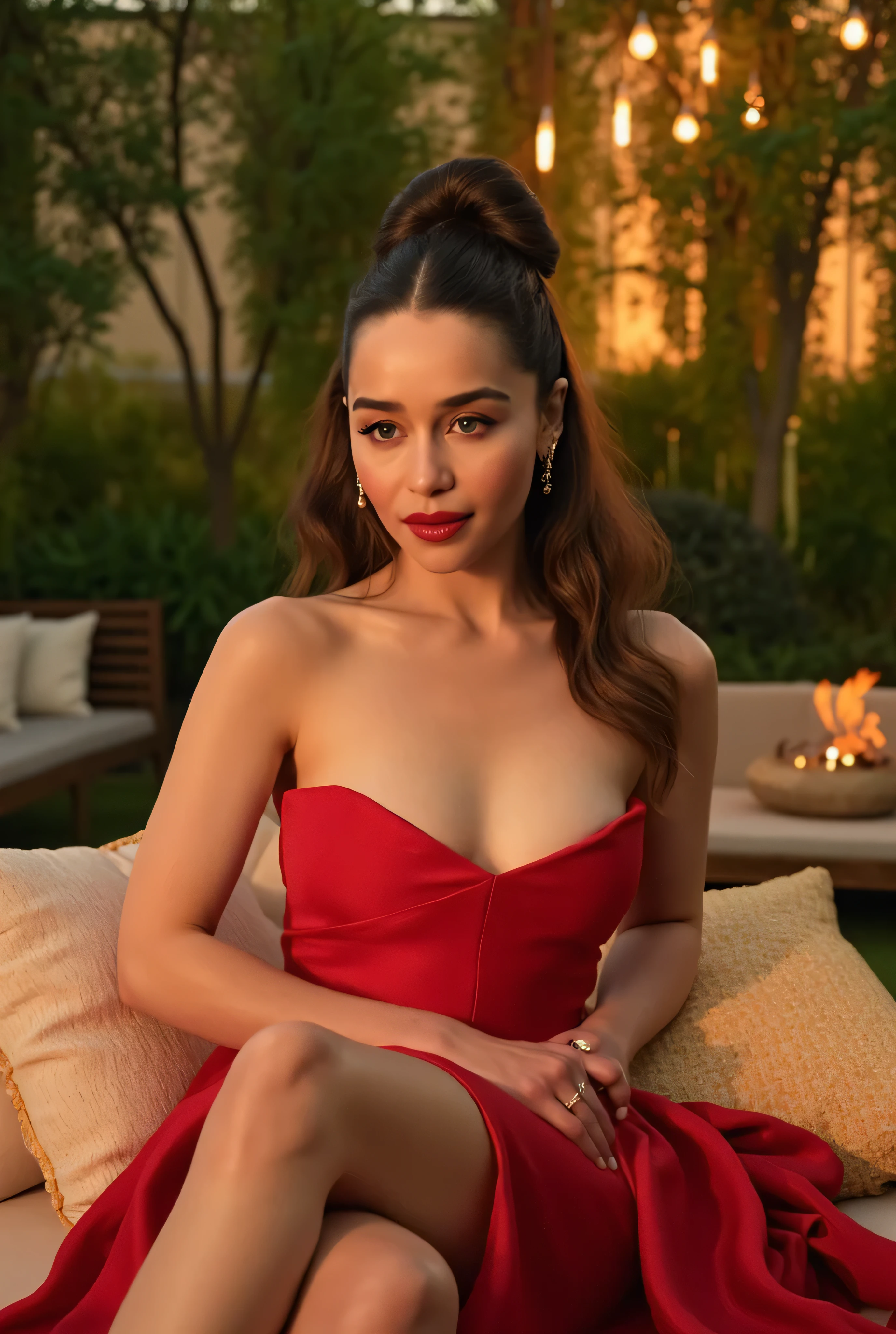 (RAW Photo, Best Quality), (Realistic, Photo Realistic: 1.3), Best Quality, Highly Detailed, Masterpiece, Hyperdetail, Realistic photo shot,(( beautiful model)), fashion hairstyle, curvy body, , ((( erotic Elegant Commuting Solid Color Open Shoulder dress, , fashion ))) , romantic backyard lounge