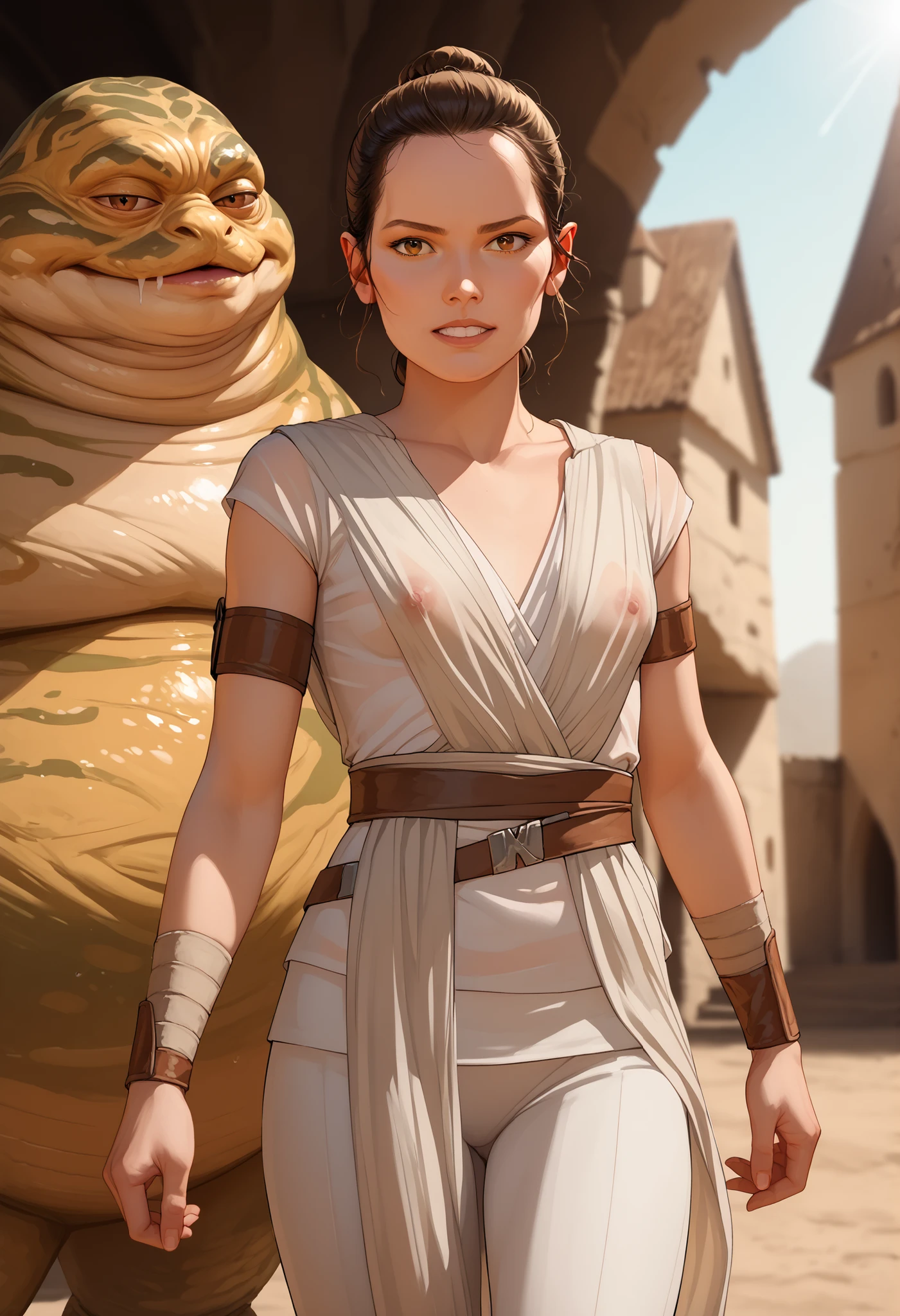 Rey, brown hair, brown eyes, natural small breasts, BREAK, see-through sleeveless, see-through jedi, see through white cloth, BREAK, looking at viewer, seductive, sexy pose, in front of, BREAK (1male) jabba the hutt, monster, snake, orange sclera, dark green and brown colored skin. size difference, excited, hungry lusty, BREAK, outside a deserted medieval castle, BREAK, masterpiece, dramatic lighting, highly detailed, depth of field #Rey-Raine-00