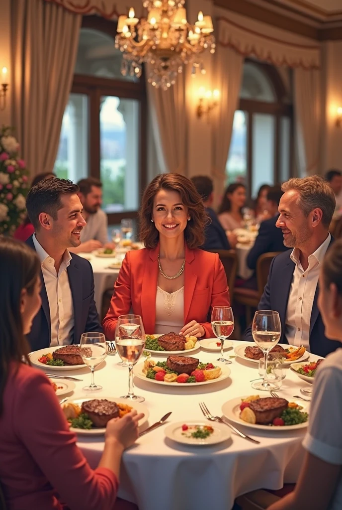 ((Highest quality、、masterpiece:1.3))、1 male、1 female、spouse、Beautiful couple、smile、full-course dinner、 (Slim face), (the body is ス??), (Brown Hair), (Shortcuts), ((Bob Hale、Straight hair:1.2)), テーブルの上のwine glass、Shine light on your face、 Amazing view of the sunset sky and clouds、smileの美しさ、Bright image、Blushing, Shortcuts, (43 years old), 39 years old, Appetizers、Italian food、Wine bottle、Champagne、sparkling wine、Long sleeve shirt、dress、Attractive beauty、restaurant, Nova Frog Style, actress, model, Upper Body, White wine, red wine, wine glass,