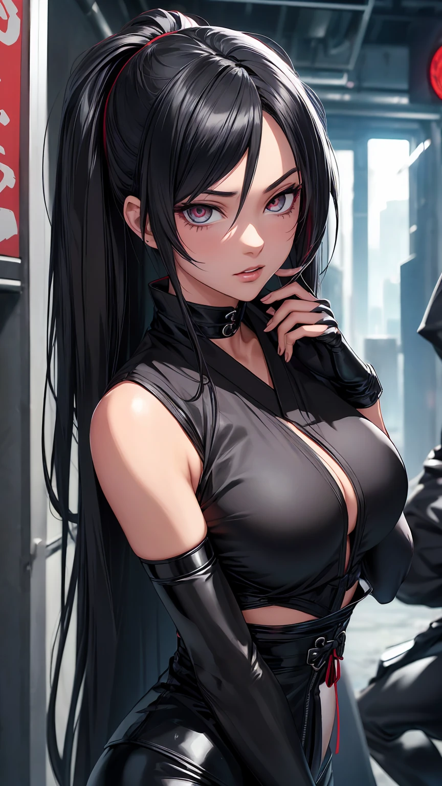 "Perfect masterpiece", DIGITAL 8k art, MAXIMUM IMAGE QUALITY, MAXIMUM detailed, 8K high resolution, UNREAL ENGINE 5 ULTRA QUALITY INSIRED BY final fantasy 7 remake 3d 8K cgi, background : ((CYBERPUNK hidden leaf village, ninja academy university full of people training )) with sexy expression while looking at you, Sexy twenty (((gorgeous JAPANESE Women))), sasuke uchiha of the naruto shippuden anime (((Twin sister))) of the uchiha clan, (((extremely gorgeous porcelian white skin))), ((extremely beautiful face an body)), ((extreme model quality gorgeous JAPANESE FEMALE aesthetic)), 1mature woman named luna chained up in prison cell, ((glossy skin)), ((glossy lips)) tall, beautiful, sexy feminine muscular body with athletic , cleavage, (((d cup breasts))), sharp extremely beautiful japanese female red sharingan eyes, jet black hair color, sasuke uchiha ((( Twin sister))) wearing a pure black kimono (top) with uchiha symbol on the back an shoulder, medium sized white fur cloak, black SEASUM Women's Faux Leather Leggings Pants PU Elastic Shaping Hip Push Up Black Sexy Stretchy High Waisted Tights, black thigh high boots, long black gloves, an black choker, jet black hair color,