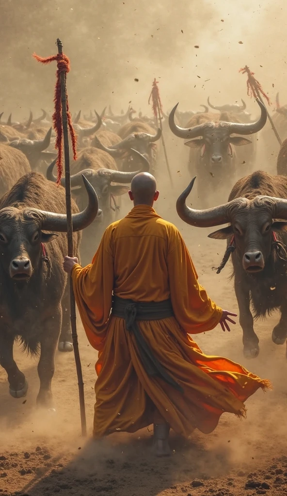 Brahmin man seating front of "agni kund" and some people holding a bull in front of them. One man holding a sward for kill that bull. Generate image of sacrificial bull in hindu festival