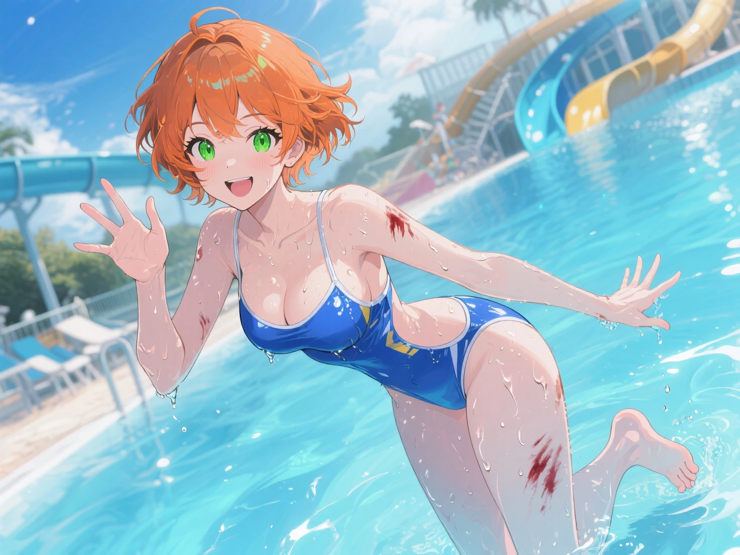 She looks like Asuka from Evangelion, Slim and ample breasts, Wearing an orange bikini、He is sucking on a round popsicle, looking cold.。High angle。looking at the camera。breast enhancement