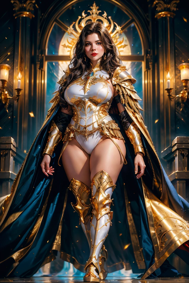 Imagine a character from D&D woman prodigy from a high school cavaleiro eldritch, she is very talented, she stands out for her beauty, she is an extremely vain person even in her combat movements, her armor and weapon are encrusted with jewels, her hair is long and silky, her skin is impeccable, her smile is charming, her eyes are vibrant and their posture is confident. She wields a two-handed warmass, an elegant golden weapon rich in jewel-encrusted detail.