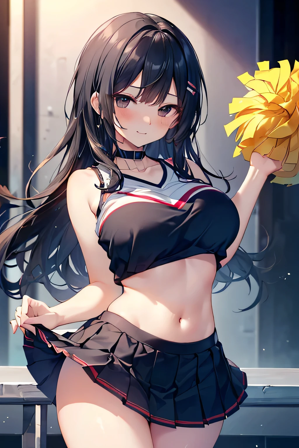 ((masterpiece, best quality)),beautiful highly detailed,8K,1girl, breasts, armpits, blonde hair, cheerleader,red eyes,smile, long hair, pom pom (cheerleading), underwear, panties, looking at viewer,ponytail, sleeveless, open mouth, solo, pleated skirt, bare shoulders, thighs, shirt,underboob, miniskirt, :d, arm up, cowboy shot, sidelocks, midriff, blush, holding pom poms, bare arms,clothes writing,hair ribbon,(shiny hair:1.5),( complex details beautiful and delicate eyes:1.5), (shiny skin:1.5),dynamic pose,dynamic angle,outdoors, stadium,blue sky,summer,Detailed background,