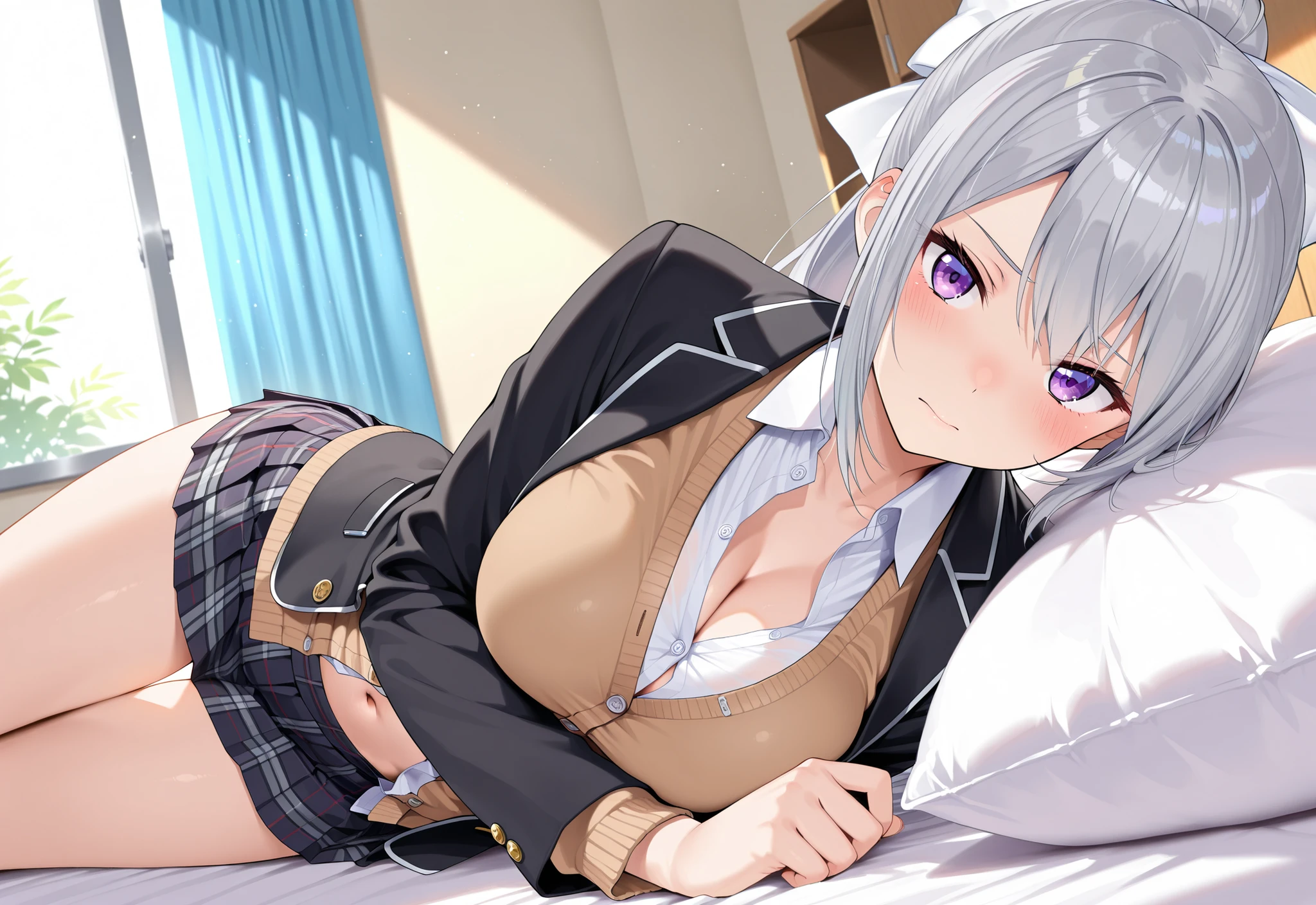 one person、low length、Young Girl、Bangs、Short Bob Hair、Headband、ribbon、Gray Hair、、blazer、Long Skirt、Open your legs、Pussy、Dripping a lot of thick white love juice、blush、Embarrassed expression、Sweat、See-through clothing、Big Breastasturbation、masturbation behavior、My clothes got wet and my bra was visible