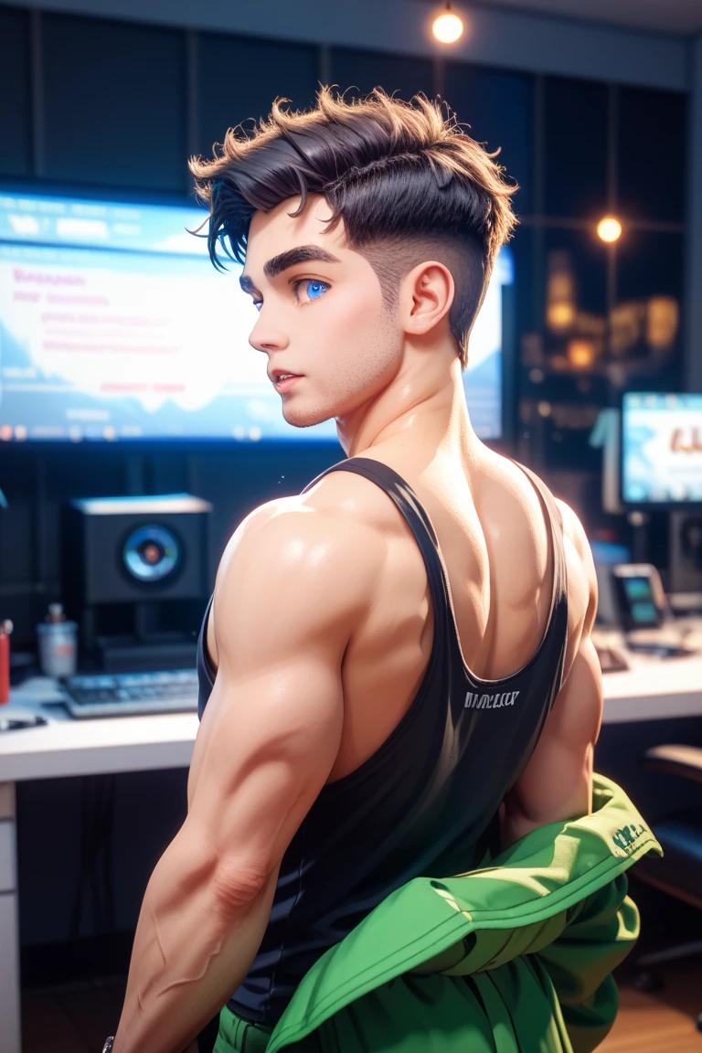 Change background cyberpunk handsome boy, realistic face, 8k, six pack abs,