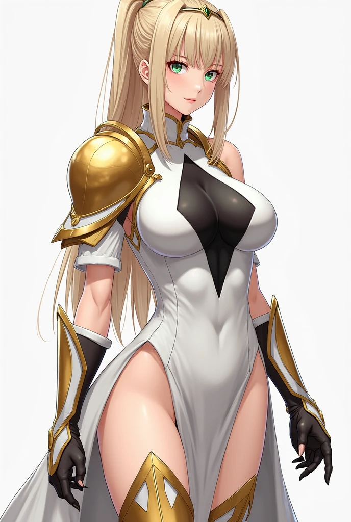 Busty woman with blonde armor long hair blonde with soft white skin behind a castle  
