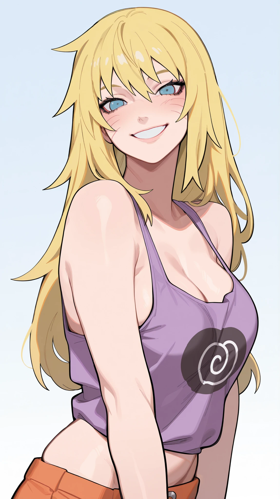 masterpiece, best quality, amazing quality, newest, very aesthetic, 1girl,Karin Uzumaki from \(naruto\),cute,looking at the viewer,wide smile,tanktop,short,cute,violet things