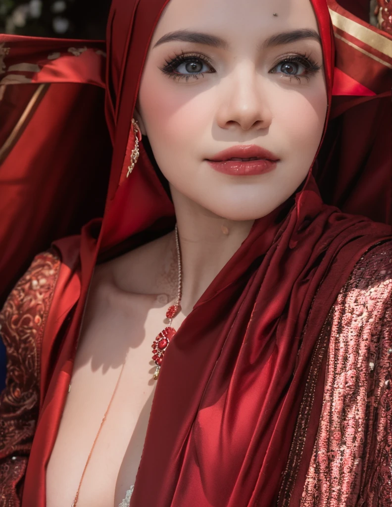 Beautiful, cute baby Face, 16 Years old russian lolita Girl, red lipstick, sensual Lipstick, dark red lipstick,blue eyes, (wearing hijab) and sexy kebaya dress, Rounded big Breast, cleavage cutout, slightly Chubby , luxury necklace, White Skin, Smiling, Dark City Background, mid shot, upper body, Perfect Potrait, Bokeh Effect, Look at Viewer, Armpit, Perfect Eye, Perfect Hand, Perfect Finger, Bracelet, Ring, small breast, ((adorable:1.2)), ((masterpiece:1.1)), ((bokeh:1.2)),