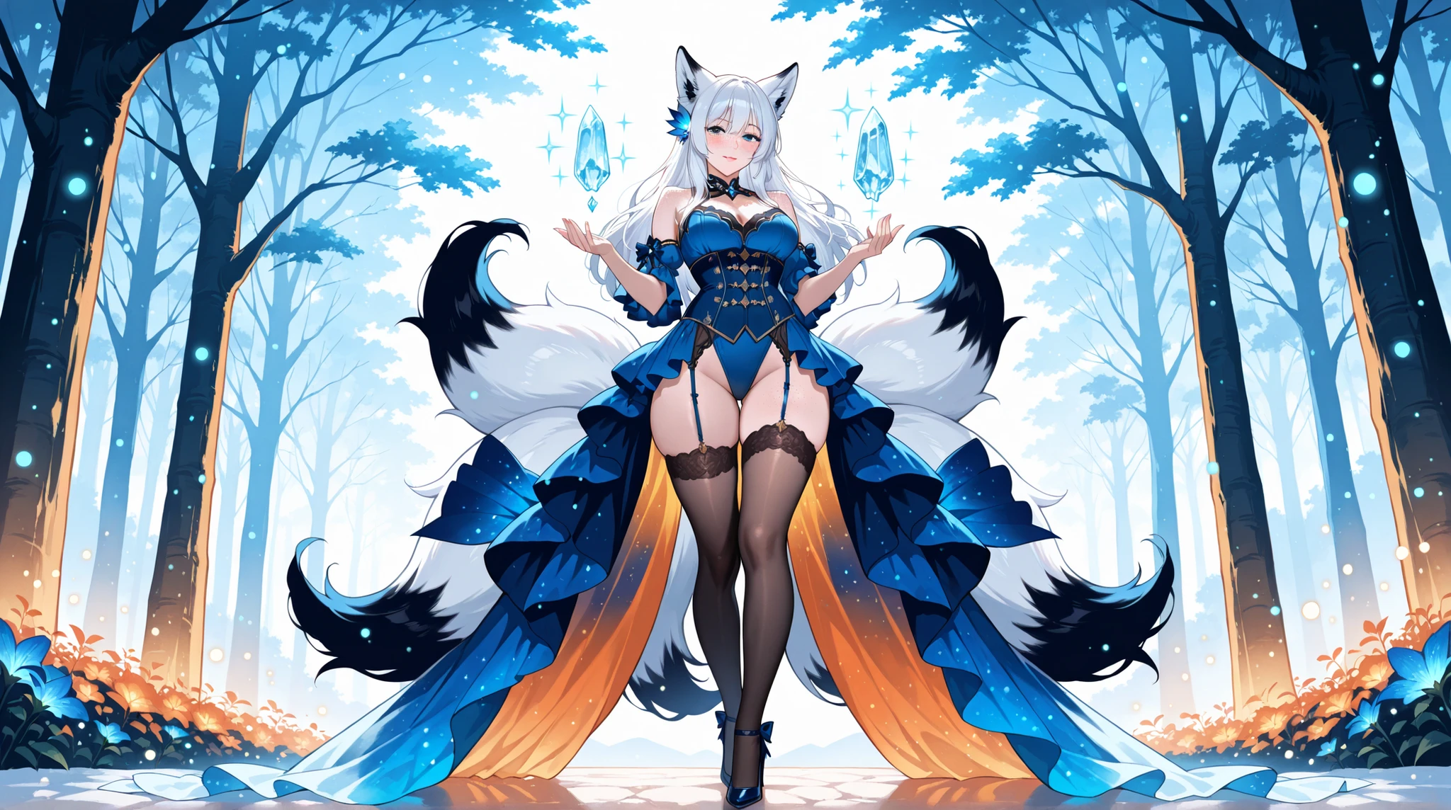 A voluptuous, hyper-realistic, extremely beautiful fox girl with big and wide hips, seductive pose, wearing a blue corset with ice sparkles, stockings with high heels, big butt, big . standing in a magical forest with glowing flowers and fog, soft lighting, cinematic atmosphere, long reddish hair, arctic fox ears and six tails, sensual expression, smooth skin, freckles, perfect body, fantasy vibes, glowing particles, warm color palette, 8k, masterpiece, ultra detailed, NSFW