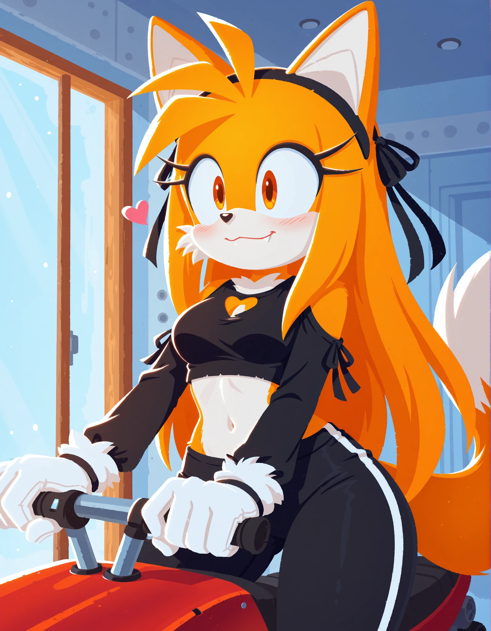 sonicchann3l, pencilsc, sonic (series),, solo, 1girl, animal ear fluff, navel, hairband, crop top, long hair, animal ears, furry, blush, clothing cutout, black shirt, bare shoulders, shirt, shoulder cutout, fox girl, orange hair, bangs, pants, white gloves, gloves, fox ears, orange fur, long sleeves, ribbon, black pants, black hairband, tail, hair ribbon, fang, black ribbon, thighs, medium breasts, fox tail, very long hair, orange eyes, stomach, heart, body fur, :3, sidelocks, wide hips, white fur, shiny, fur trim, blonde hair, riders, shading