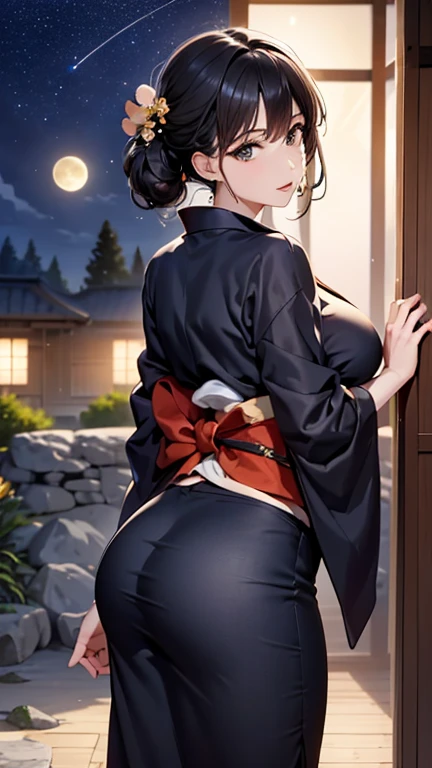 master piece,hyper quality, Hyper Detailed,Perfect drawing,nffsw,3D,8K,Illustration、Hi-Res、1 persons、japanaese girl、A dark-haired、poneyTail、Red ribbons、Cute even though her eyes are tight、Kimono、Japan clothes、Pose with buttocks sticking out、(Wearing a Japan loincloth 1.5)、(In a wrapped bouquet)、Back view、Detailed drawing、Best Quality, Capture super cute moments, depth of fields, ultra-detailliert, High resolution, C4D, Octadale, 3D Modeling, 8K,Delicate and detailed depiction、、Stick your butt out、Shooting from the back diagonally below、8K、moonlights、superclear、Full of charm、masterpiece、high detailing、beatiful backgrounds、Detailed drawing、Functional、emotional