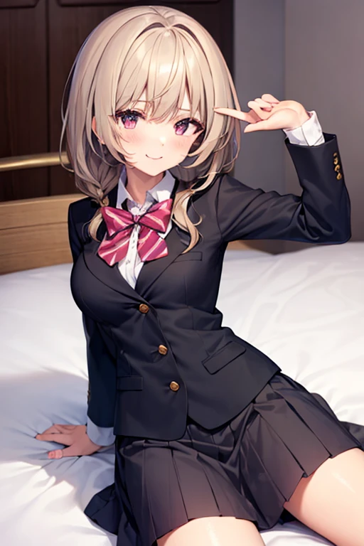 Isshiki Roha, shorth hair, brown haired, wetting hair，Brown-eyed, skirt by the, Bad Hand，Well-formed five-finger，Wet shirt, bow ribbon, 校服, jaket, Sheer white shirt, Open your clothes, sockes, Open jacket, Black jacke, Plaid, , plaid skirts, blazers, Cardigan, Black socks, Pink cardigan, sobu highschool uniform, A smile, Solo，Black Pantyhose King，rain falling