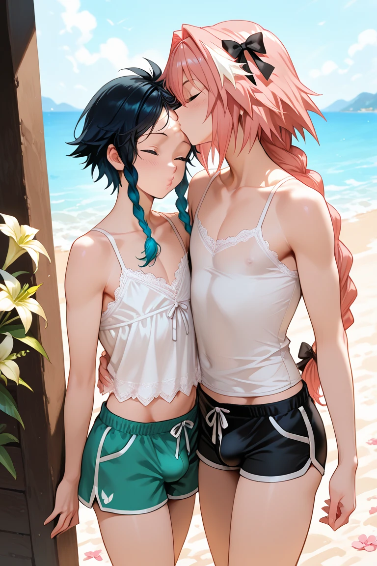score_9, score_8_up, score_7_up, source_anime, 2boys, bulge, femboy, astolfo, fate, small erection bulge, shota, teen, young, very young, presenting, ((shota)), grinning, feminine, girly hips, slender waist, long ponytail, small penis, small balls, midriff, bikini top, soft and feminine body, smooth flat chest, slender, cute, hourglass figure, otoko no ko, girly, feminine, wet, young, pretty, pert butt, full asscheeks, pulled down bottoms, buttcheeks, spoken heart, bending forward, pert butt, blush, beach, anal, sex, sex from behind, (astolfo fucking astolfo), 2 astolfo,  view from side, 