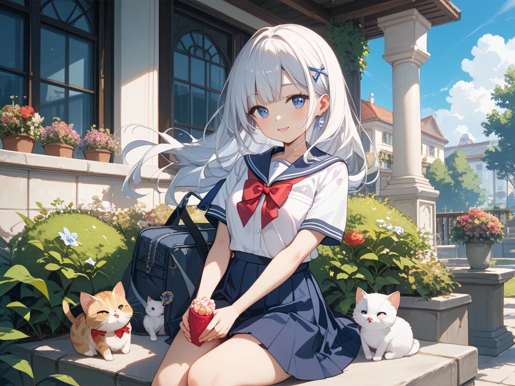 masterpiece, best quality, lens flare, depth of field, standing,
1girl, sitting, close-up,flower hair ornament, (white hair, long hair:1.2), cat ears, aqua eyes, white shirt, school uniform, pleated skirt, Shiny pantyhose, (white Loose socks,Loose socks,stack socks,brown footwear:1.2), Leg rings, brown school shoes,
angry, happy, evil smile,(:3:1.2),open mouth,