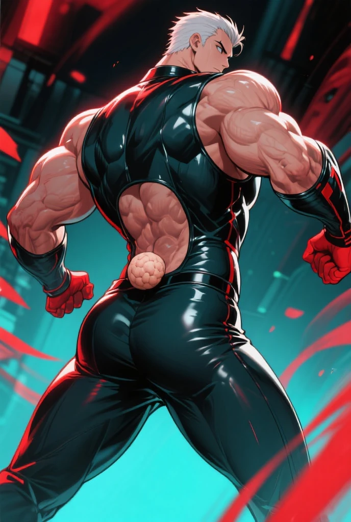 Solo, male, by darkgem, by mystikfox61, by glitter trap boy, by enro the mutt, by juiceps, standing, canine, black fur, red eyes, glowing eyes, giant, tall, powerful, wide, thick, massive biceps, giant pecs, round pecs, nipples, teeth, fangs, smirking, evil expression, (((red suit))), black dress pants, latex, big pecs round nipples, round BIG body, big pecs, belly gut round, overweight, round, fat, big body, big belly round, close up, belly bigger than body, FAT, big man, BIG BODY, belly fat, close up, BIGGGG, bara, 3D, dramatic lightning, bara man, butt, belly, pinned to wall, wolf facing wall, hands on wall, standing, back facing viewer, pinned to the wall, gands on wall, back, strong back, back facing viewer, big ass, pov: youre looking at him from behind