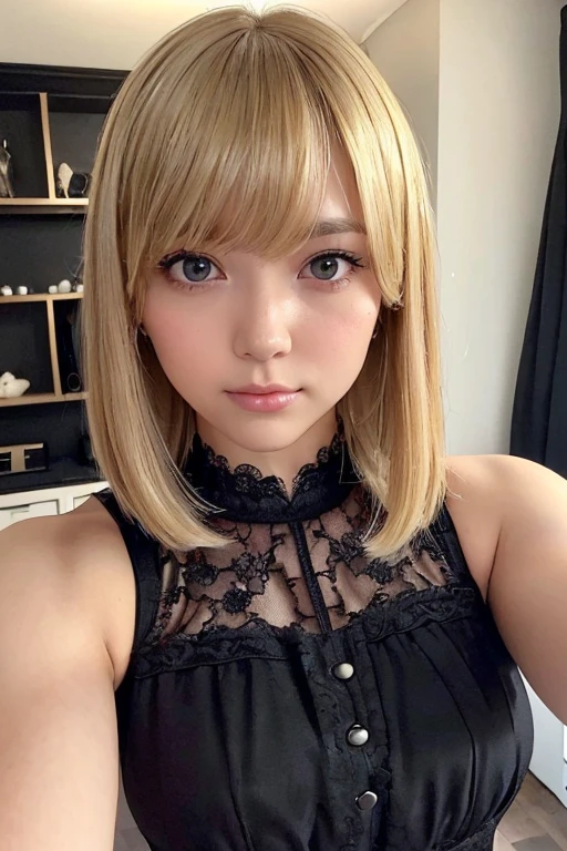 Blonde straight hair、In the camisole、on the bed、bright expression、Young shiny shiny white shiny skin、Best Looks、shiny light hair、a small face、cute 18yo girl