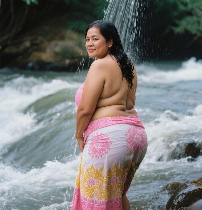 photo taken with a Leica 0 series camera, Indonesian woman aged 30 years, slightly fat, bathing in the river, naked, realistic, 4k, 8k, hd