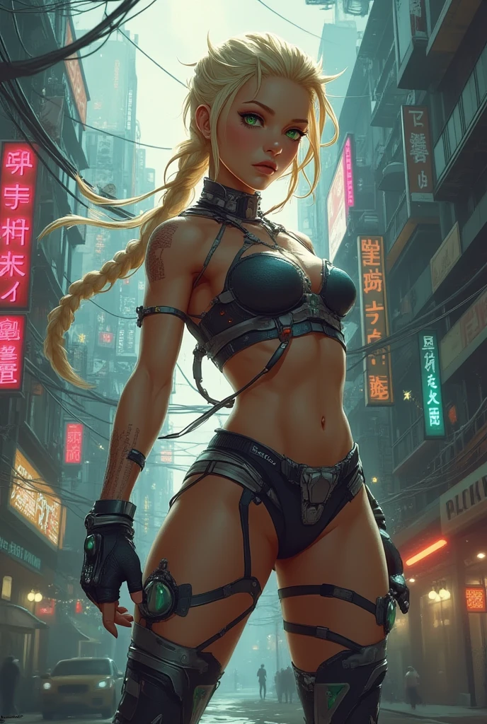 Linda mulher, peitos grandes, blonde medium hair , usando capacete , roupas curtas estilo cyberpunk