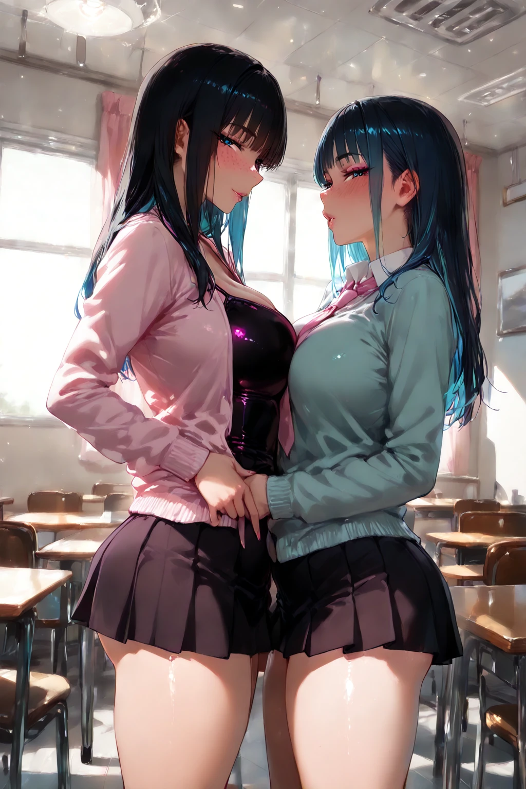 Lesbian (very long yellow hair)(pechos big ones, thighs big ones)(with school uniform clothes it is very tight) that he is kissing at school with his girlfriend,(pechos big ones, thighs,(Nude) big ones)lesbian love