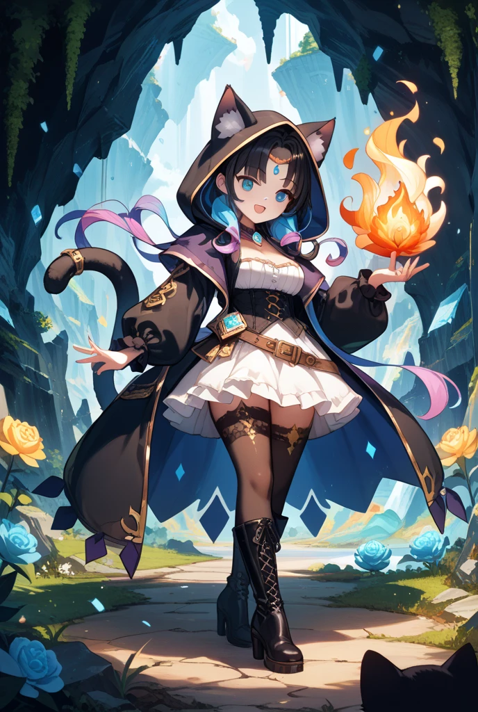 masterpiece, absurdres, incredibly absurdres,best quality, 1girl, solo, animal ears, cat ears, cat tail, fantasy magic academy, floating books, blue hair with enchanted sparkles, glowing magical sigils, bandaid on leg, bandaid on knee, fang, wizard jacket with fur trim, arcane hair ornament, glowing runes on socks, elegant shoes, looking at viewer, mystical book in hand, levitating quill, twintails, spell-casting pose, enchanted bag, floating castle in background, soft magical glow, celestial motifs, open mouth, mysterious atmosphere, ancient texts floating around, gentle sparkles, deep blue and gold theme