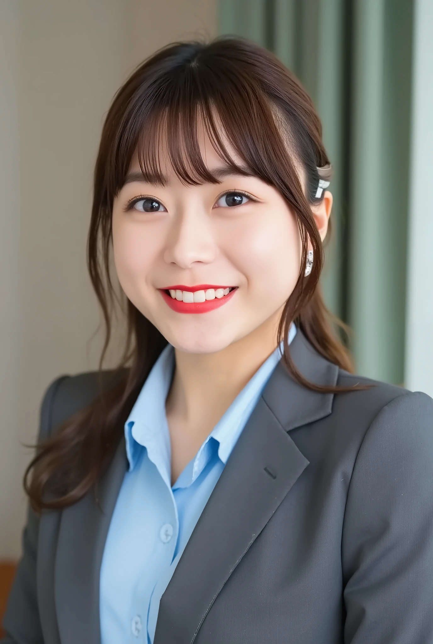A neat and clean young woman、office lady suit、jacket、shirt、necklace、and look at the camera、hairstyle shortcuts、 pale brown hair、 smile showing teeth、ear piercing、upper body、Background is in a room、