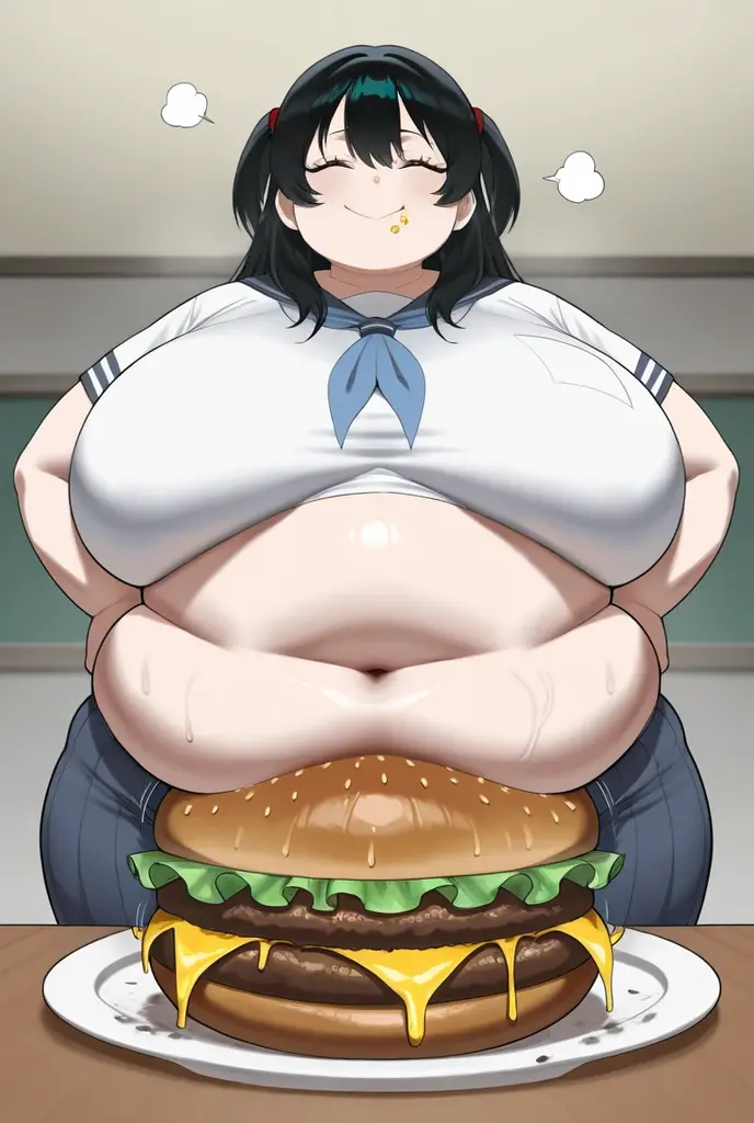 fat, large belly, big belly, very fat, sitting down, table with lots of food, shocked, maki shijo