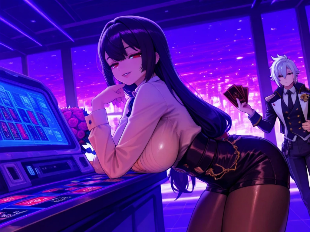 (Highest qualityのイラスト:1.2), (cute女の子:1.1), from behind, hip focus, (1 girl、17 years old), (1 girl、Kind eyes、blue eyes)、Black Hair、Semi-long hair、(Highest quality、非常にdetailed、cute、Ultra-high resolution) 、Black Hairの美少女、Bunny girl、Bunny ears、Black leotard、Fishnet tights、High heels、Larger breasts、casino、look around、masterpieceサイドライト、masterpiece、Highest quality、detailed、High resolution illustrations), Soft Focus