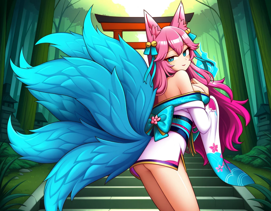 Beautiful girl mint green hair huge breasts wearing a bare-chested pink kimono sexy post in the onsen.