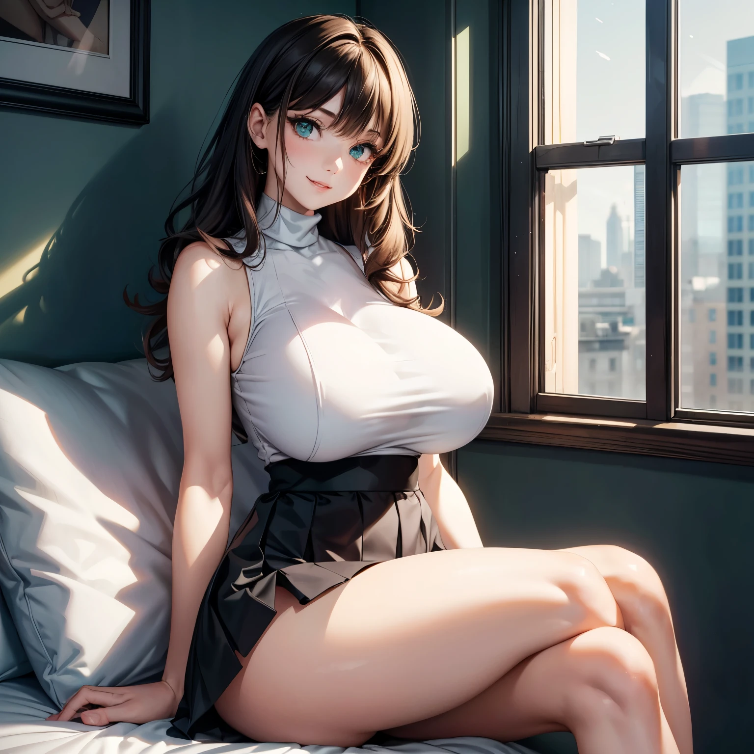 woman wearing blue suspender tight skirt，He wears black stockings on his legs，sit on a bed，The figure is good，The head is not exposed，[ 4K realism ]!!, [ 4K realism ]!!!, [ 4K digital art ]!!, Realistic shadow perfect body, realisticlying!!!!!!!art-style， photorealistic anime， by Shitao， Popular topics on cgstation， Casual pose， realistic anime 3D style