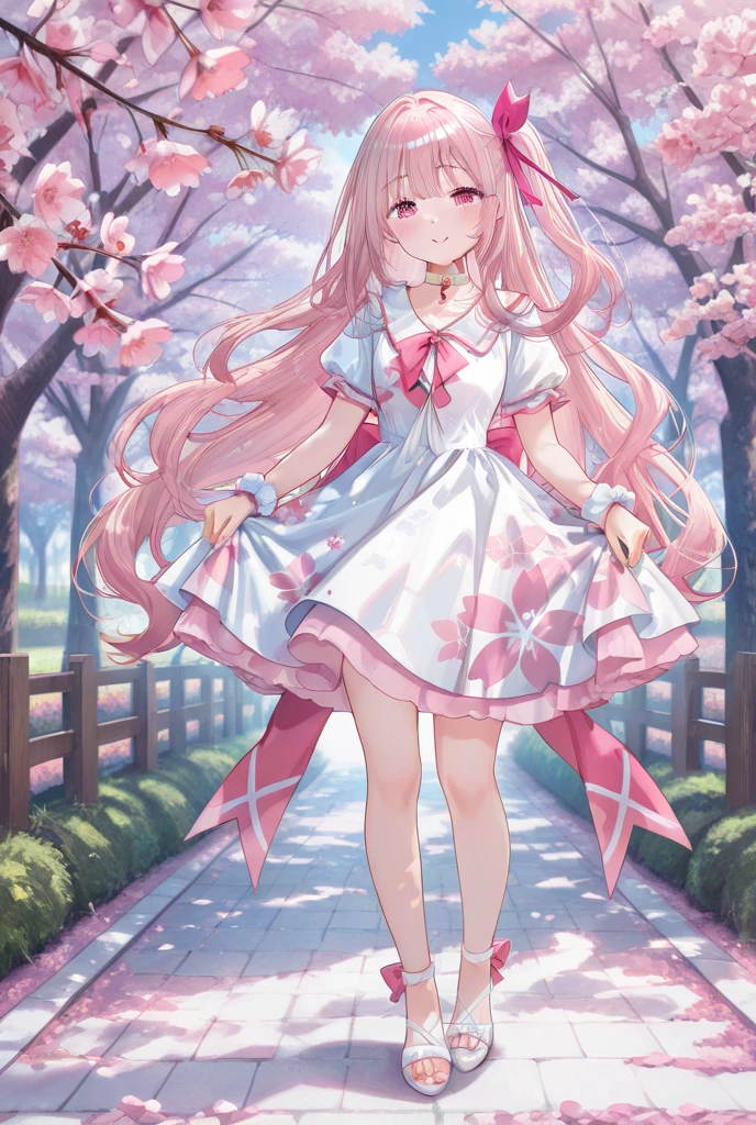 top-quality，​masterpiece，wingspan，pluma，pink twintails，cute girl ribbon，Fluffy skirt，Ren Hao，天空，magical little girl，field of pink flowers，optic，sano，jumpping，full body photographed，Pumps with thick soles