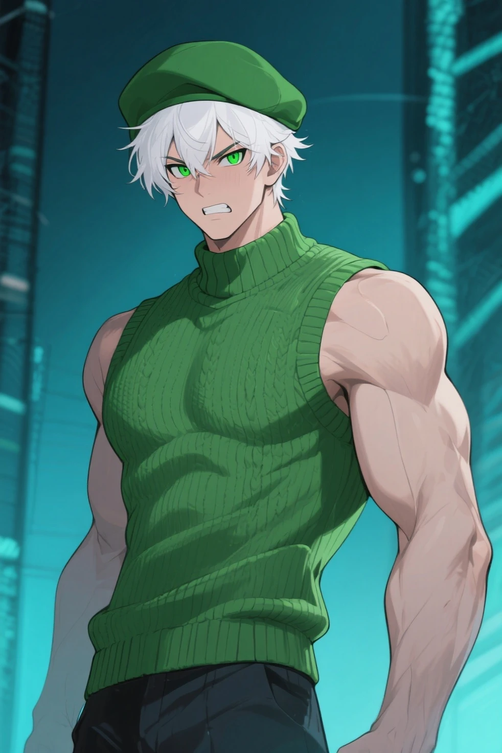 1 boy, male focus, Intricate details, 1 man, handsome, white hair, vibrant green eyes, slim muscles, anime, 19 years old, 19 years old, a small goatee,penis, nudes, (the character is showing his body without clothes, showing his large penis, wide penis, with the focus on the penis, to the screen).