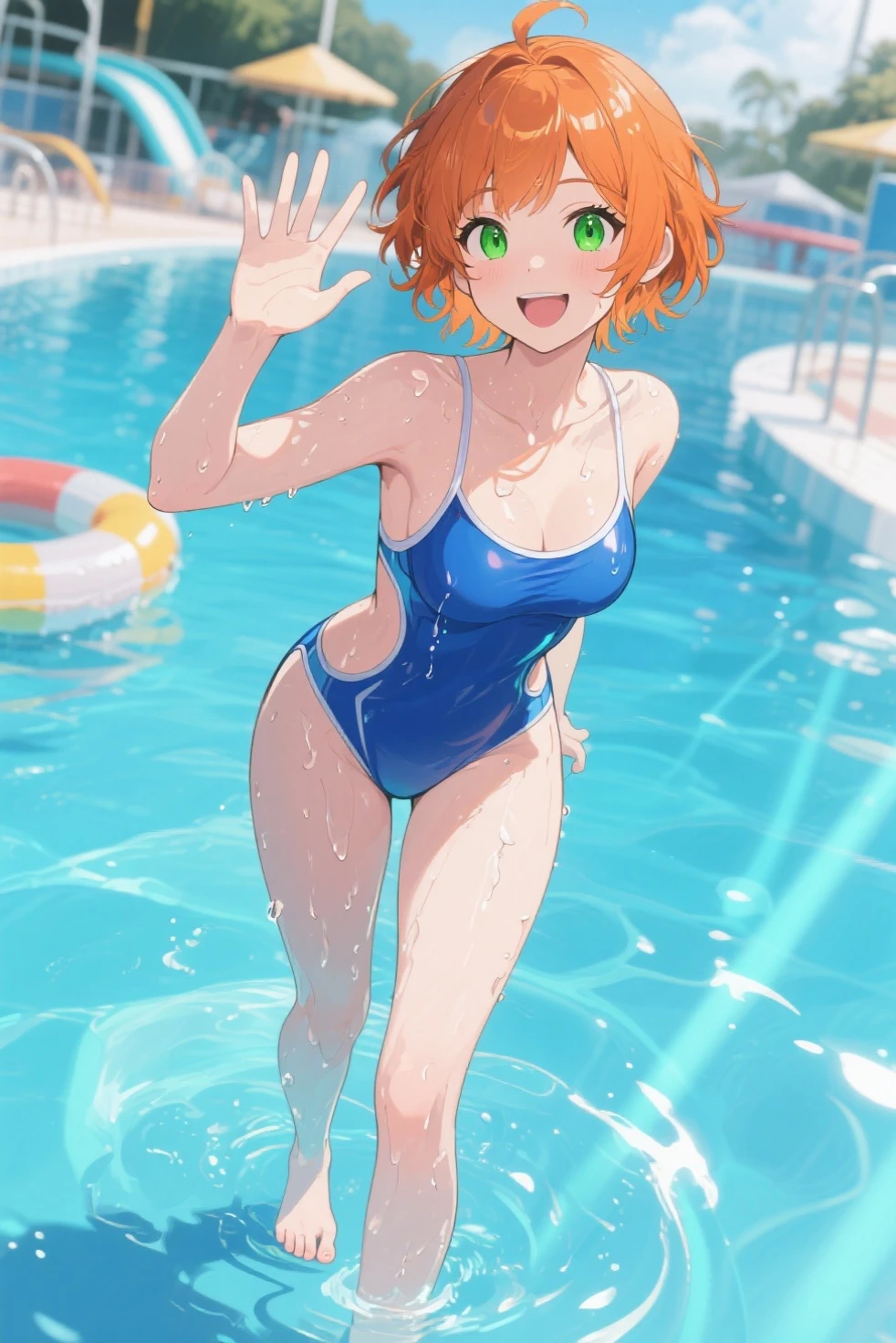 ((Best Quality)), ((masterpiece)), ((realist)) 1, redhead girl, shoulder length hair, relaxed happy face ((slender)) (busty), ((( Multicolor metallic turtleneck one-piece swimsuit ))) ((sexy )) textured pixie cut ) (((swimming pool))) 6 heads and a half full body
