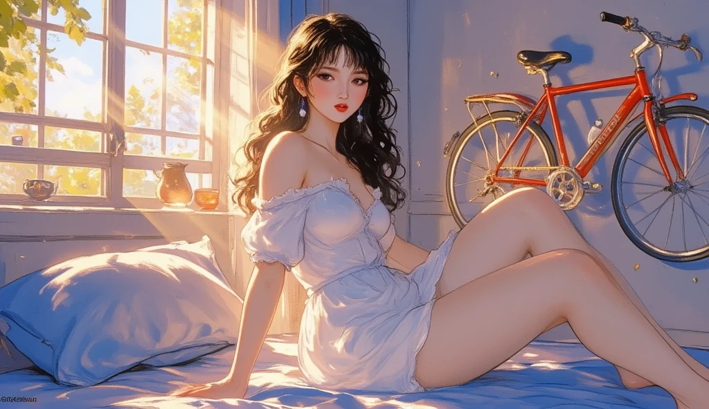 The girl lay on the bed, her hands were half-closed behind her back, her eyes were red, her legs were raised, her skin was white and tender