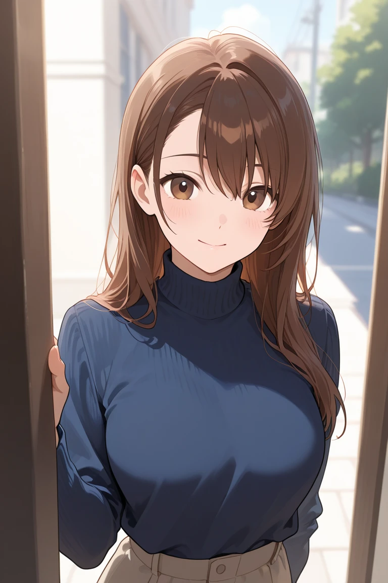 ((Tabletop, highest quality, High resolution, , Perfect Pixel, 4K,))), 1 female teacher, single, alone, beauty、The whole body is visible、 ((Mid-wave hair, bangs, Brown Hair)), ((Brown eyes, Beautiful eyelashes, Realistic eyes)), ((Detailed face, Blushing:1.2)), ((Smooth texture:0.75, Realistic texture:0.65, Realistic:1.1, Anime CG Style)), Medium Chest, Dynamic Angle, Perfect body, (( , , Beige turtleneck sweater, long pleated skirt of dark blue color、)), 、、Very embarrassing panic smile, looked back、Leaning forward、The wind is blowing and my underwear is completely visible、Touch your buttocks with both hands、white floral lace panties、Angle from below)、
