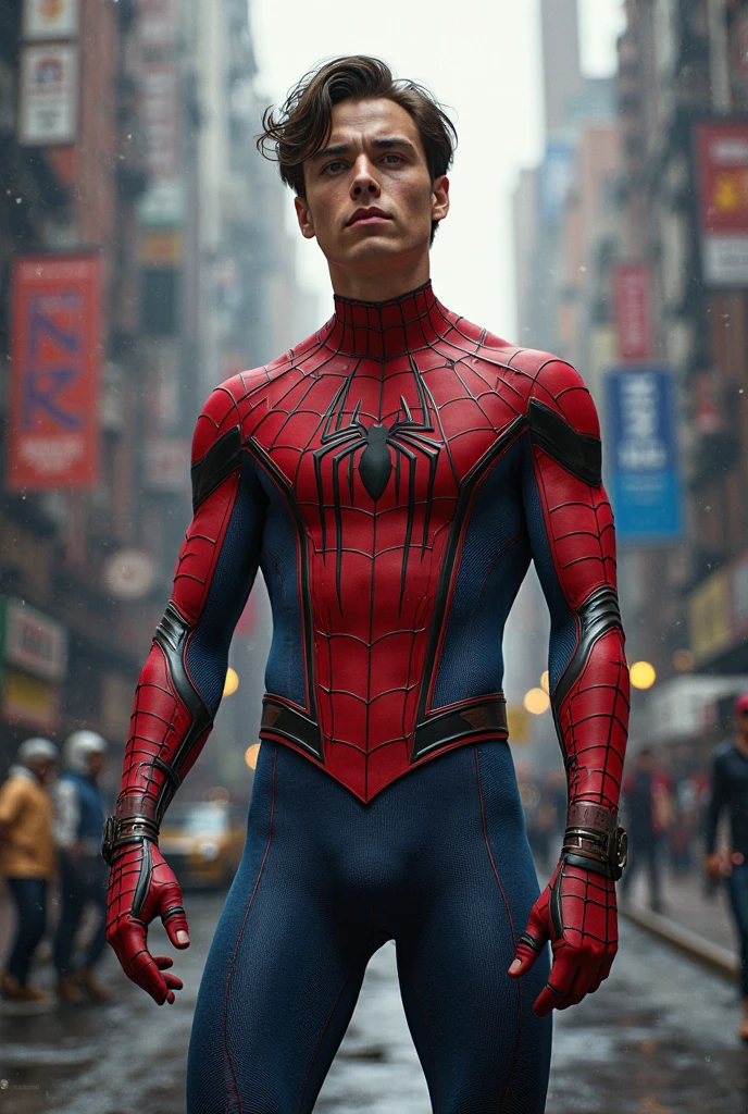 make an image where a korean guy wears a spiderman suit backwards half body, at night,