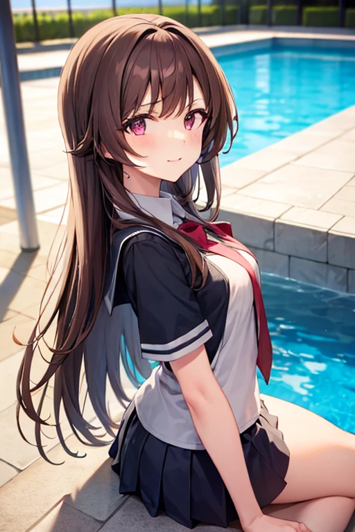Shiny brown hair　10th generation women　cute con　Sailor collar　smile　Wink　Shiny white pleated skirt　mini skirt　A shiny, thin white sailor suit　Scrunchie　White knee-high socks　　Beautiful, lustrous skin　　Highest quality　Haquali　Delicate　Flawless　Pool　Pretty　Mr.々A pose　Gravure pose　pants　Panty shot