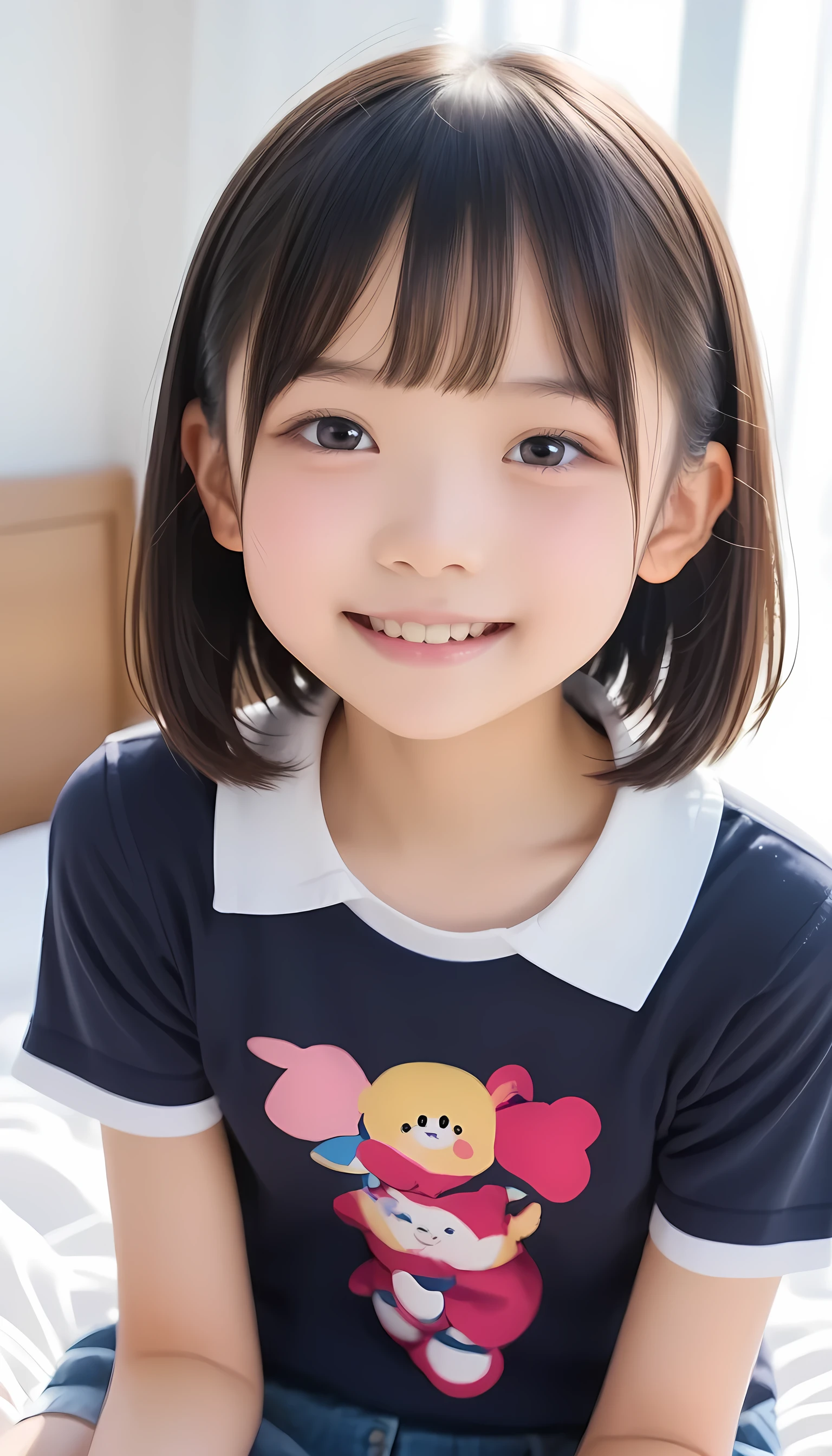 score_9, score_8_up, score_7_up, Masterpiece ,4k, top quality, Japanese young girl, (naive Japanese face), flat chest, , cute face, petite bo short stature, high definition skin, One Girl, Alone, black hair, short bob haircut, (Protruding jaw), underbite, (angular jaw), round face, (tsurime), in the bedroom, sitting sideways, T shirts