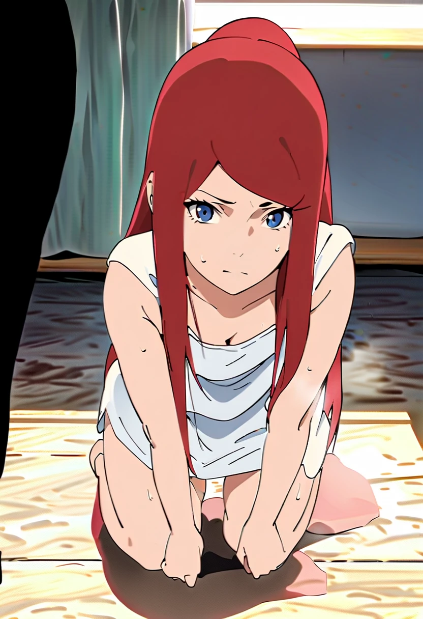 kushina, long hair, hair ornament, red hair, red head, hairclip, (grey eyes:1.5), full body, indoors, BREAK (masterpiece:1.2), best quality, high resolution, traditional art, (perfect hands, perfect anatomy), closing eyes in her smile, ((naked)), kneeling.