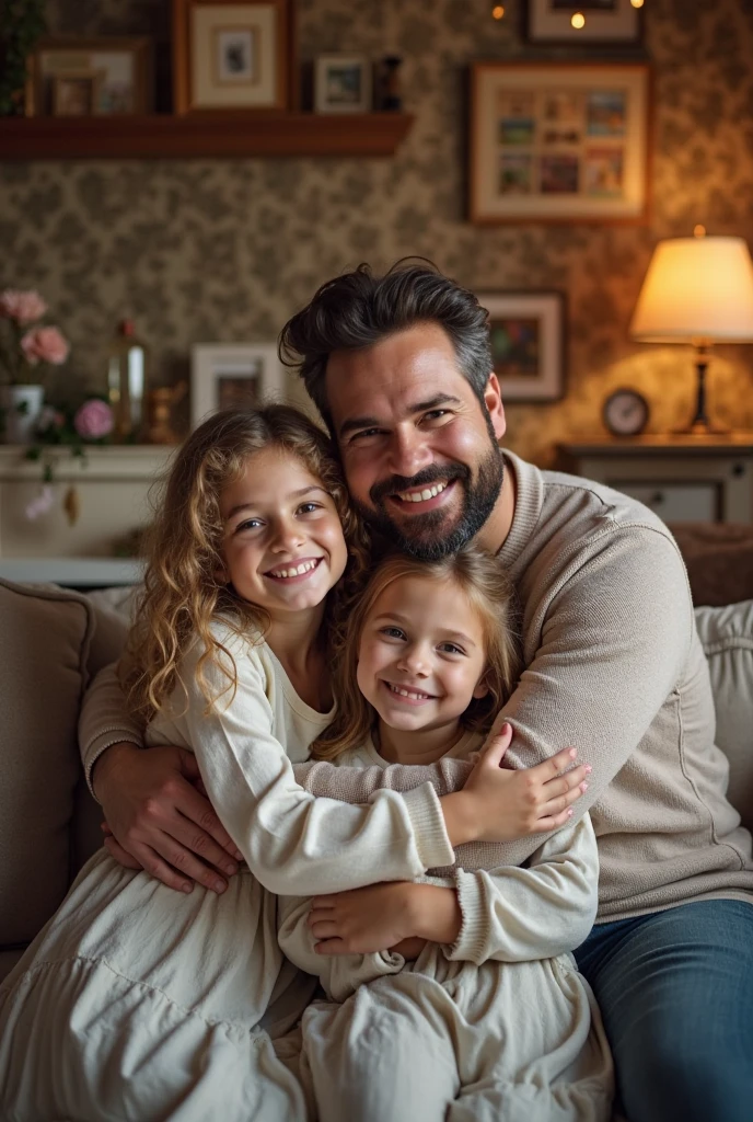 ((best quality)), ((masterpiece)), ((realistic cartoon)), ((perfect character)) - A heartwarming portrait capturing the love between a father and his two children, a daughter and a son. The father, with a lumberjack-style beard and military-style brown hair, embraces his little ones with affection. The daughter, approximately 3 years old, and the son, around 10 years old, both express joy and happiness as they share a loving moment with their father. The image is meticulously detailed, rendered in UHD resolution with stunning realism, allowing every emotion and feature to shine through in this touching portrayal of a father and his children.