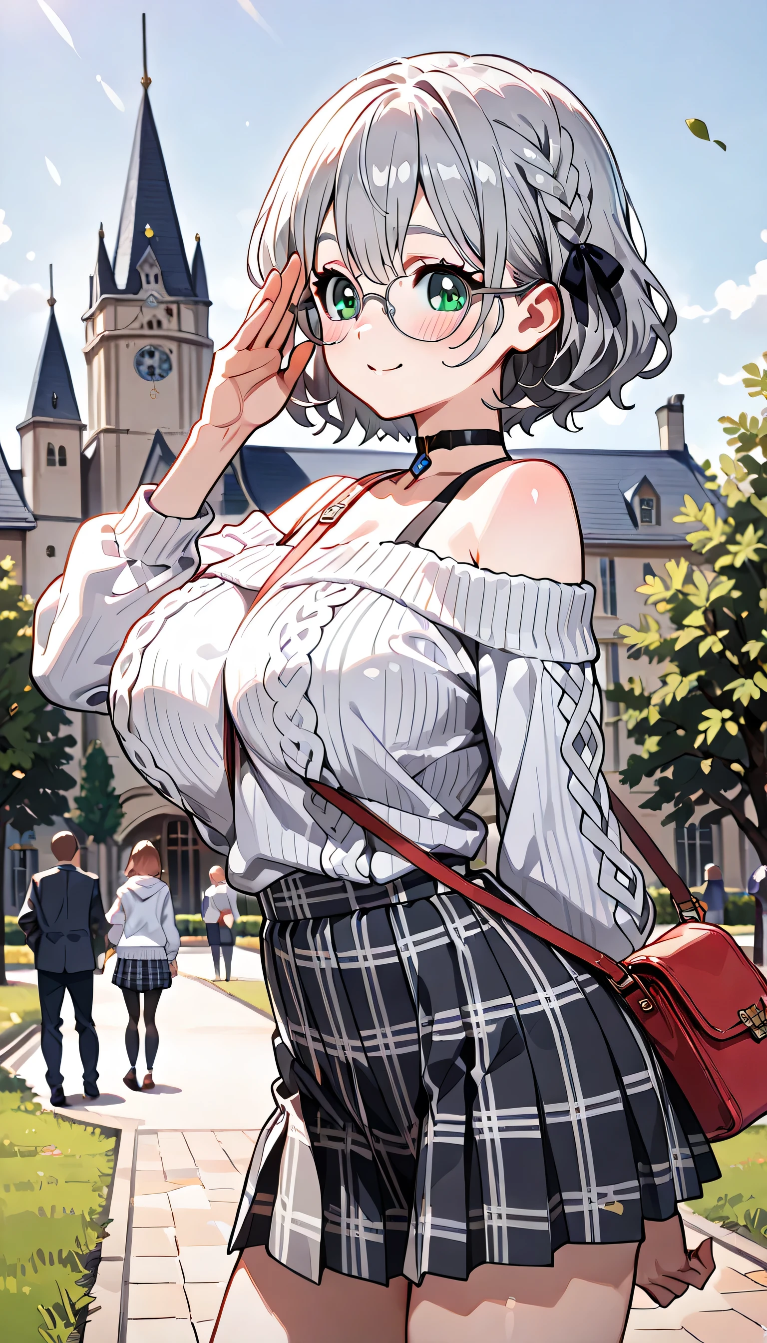 ((ultra-detailed)), (highly detailed CG illustration), (best quality:1.2), ultra-highly detailed, colorful composition, artistic photoshoot, 1girl, solo focus, upper body, moe anime character, girl, dainty facial structure, baby face, round face, rounded chin:1.2, ideal ratio body proportions, ample breasts, (wearing glasses:1.3), (round eyewear:1.3), Silver Noel, Silver Noel \(Casual\), Hololive, 1 girl, chest, short hair, bangs, skirt, big breasts, ribbon, cleavage, green eyes, collarbone, hair ribbon, braid, gray hair, glasses, choker, off-shoulder, sweater, checkered, wavy hair, black choker, checkered skirt, French braid, black rimmed glasses, white sweater, off-shoulder sweater, sleeves up to elbow, shoulder bag, strap between breasts:1.2, arm behind back, outdoor, petals glowing and fluttering, best quality, masterpiece, standing by the victorian garden with flowers, castle, beautiful detailed sky, from side, dynamic pose, contrapposto pose, expecting, pink cheek, blush, light pink gloss slip, portrait, depth of field, soft lighting, sidelighting, shine, lighting, caustics, ray tracing, perfect face, lustrous skin, highly detailed face, highly detailed eyes, perfect face, perfect nose, perfect hair, perfect eyes, perfect anatomy, beautiful hair, beautiful small face, extremely detailed face, beautiful detailed eyes, beautiful clavicle, beautiful body, beautiful huge breasts, leavage, breasts squeezed together, equalize the size of the left and right breasts, beautiful thin thighs, beautiful legs, beautiful fingers, 4 fingers, 1 thumb, lovely, (very detailed background:1.0), (highly detailed background:1.0), spring aesthetic, intricate details, joyful atmosphere, spring colors palette, chromatic aberration