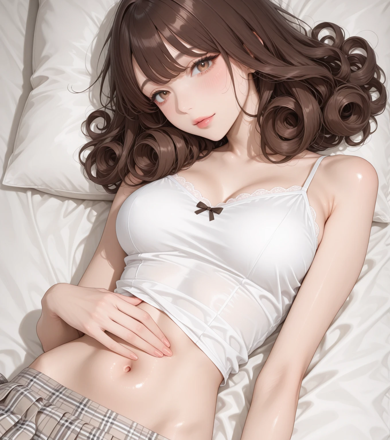 photorealistic, realistic photo, ((highest quality)), ((masterpiece)), detailed, kukolnydom, doll, (mature woman, 22yo, 22 years old:1.6), solo, ((cowboy shot, from above, lie on one's back, skinny, slender, slim, parted lips)), green eyes, brown hair, medium hair, (blank eyes, empty eyes, detailed eyes, detailed face:1.3), competitive swimsuit, waterbed, 8k