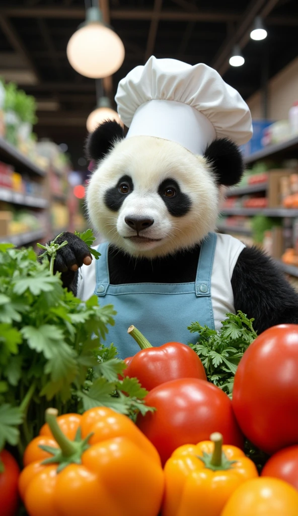 A Pixar-style panda dressed as a cook in a white blouse and a light blue apron buying vegetables at the supermarket, You can see the vegetables in the foreground, vegetables in intense and vibrant colors. Focus on vegetables, vegetables look fresh and with drops of water. Focus on the bottom of the image. The panda is further behind vegetables and out of focus.