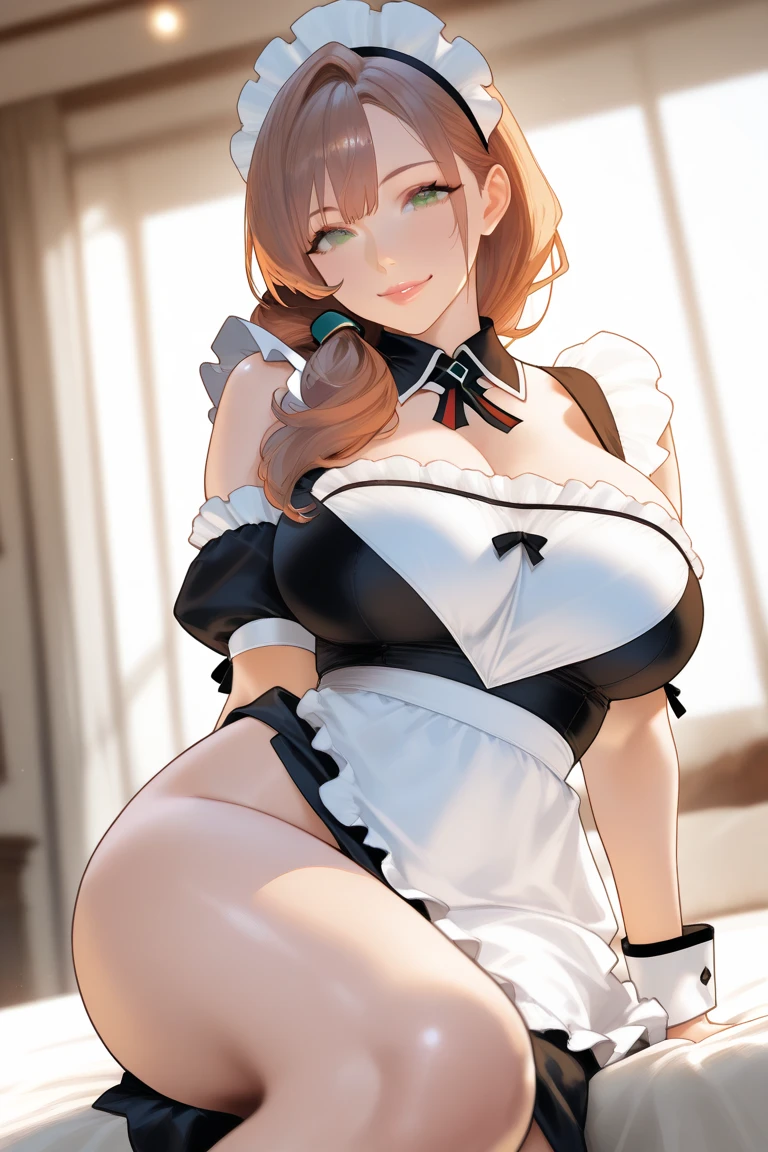 masterpiece, best quality, ultra-detailed, 1girl (namiop, Big and pretty breasts, jewelry, earrings, dog collar, orange hair, , single hair bun, brown eyes), smile, makeup, glow lips, facing viewer, looking at viewer, solo, maid(black), frill, apron, maid headdress, white lace thighhighs,ultra mini skirt, skirt lift, black lace panties, wanostyle, night time, in the livingroom, standing, Sexy waist teasing, skirt lift