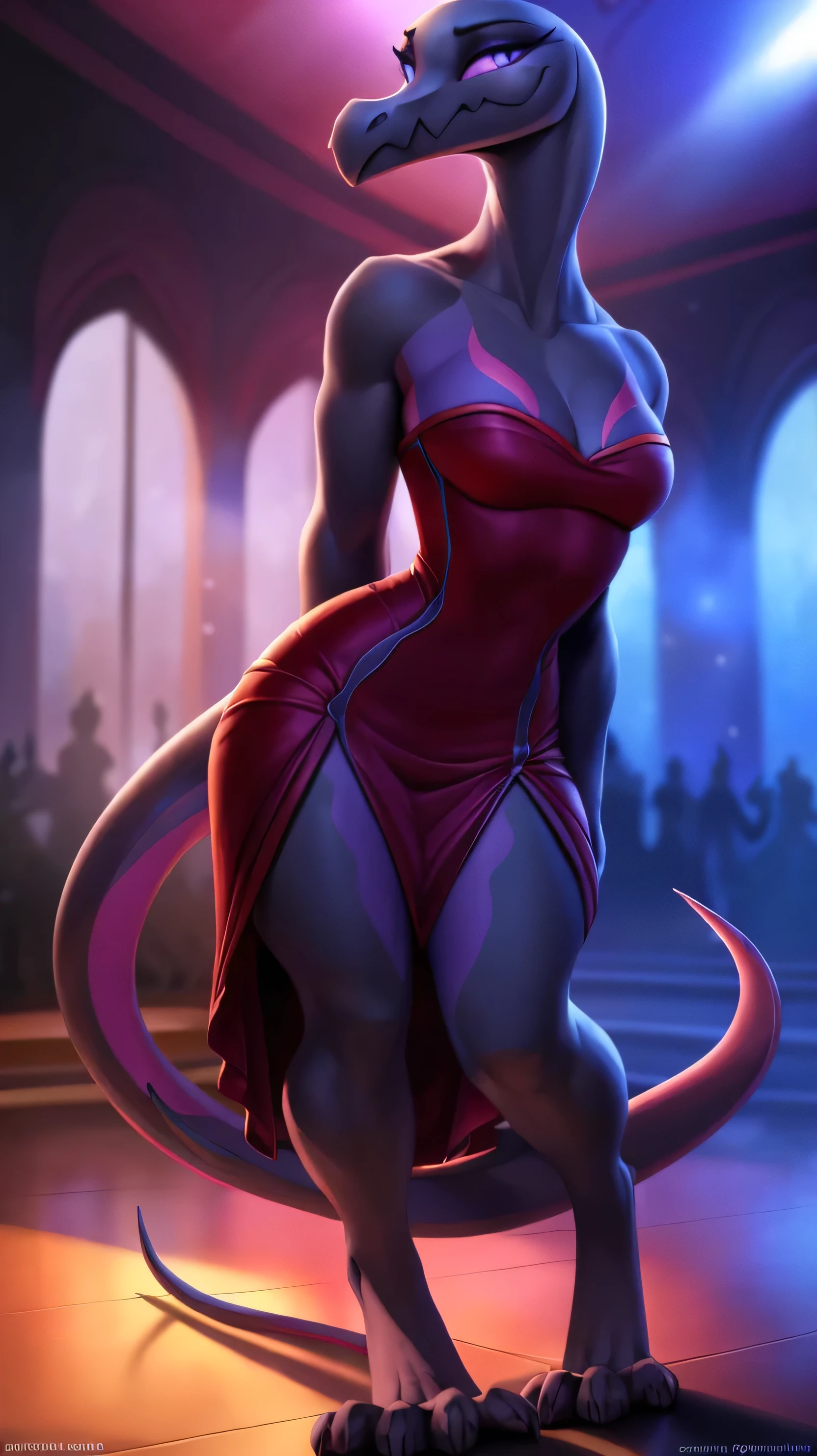 uploaded on e621, ((Salazzle)) by Pixelsketcher, by Bayard Wu, by Thomas Benjamin Kennington , by Einshelm, anthro, ((full body focus)), BREAK, ((red dress:1.2)),wearing red strapless dress, long flowing dress, dress flowing down past knees, silver necklace, red dress, (detailed Bonifasko lighting), (detailed scales), (detailed skin), (female Salazzle), BREAK, ((facing viewer)), (cinematic lighting), ((detailed background)), ((full body portrait view)), (((portrait view))), (half body shadow), [backlighting], [crepuscular ray], [detailed ambient light], [gray natural lighting], [ambient light on the belly], (higher wildlife feral detail), [sharp focus], (shaded), ((masterpiece), natural breasts, medium breasts, furry Salazzle, reptilian face, furry Fantasy Art, furry Art, Commission for High Res, anthro Art, POV furry Art,Sakimichan beautiful, masterpiece, best quality, detailed image, bright colors, detailed face, perfect lighting, perfect shadows, perfect eyes, girl focus, purple eyes, flawless face, reptilian girl, scales, scaled woman, colorful scales, gaze at the viewer, half-closed eyes, 1girl, full body, (masterpiece:1.21), (best quality:1.2), (illustration:1.2), (cinematic lighting:1.3), detailed scales, balanced coloring, global illumination, ray tracing, good lighting, scales, anthro, looking at viewer, short neck, (full body shot of woman on ballroom dance floor), submissive, inside, ballroom, (woman standing inside, woman standing on dance floor), claws, (intricate details:1.12), (intricate details, hyperdetailed:1.15), hdr, inside, (nighttime:1.2), warm light, dramatic light, cinematic, (full body:1.2), slight smile, blushing, ((red strapless dress, standing up, posing seductively, cleavage, slight smile, no sleeves, dress covering whole body))
