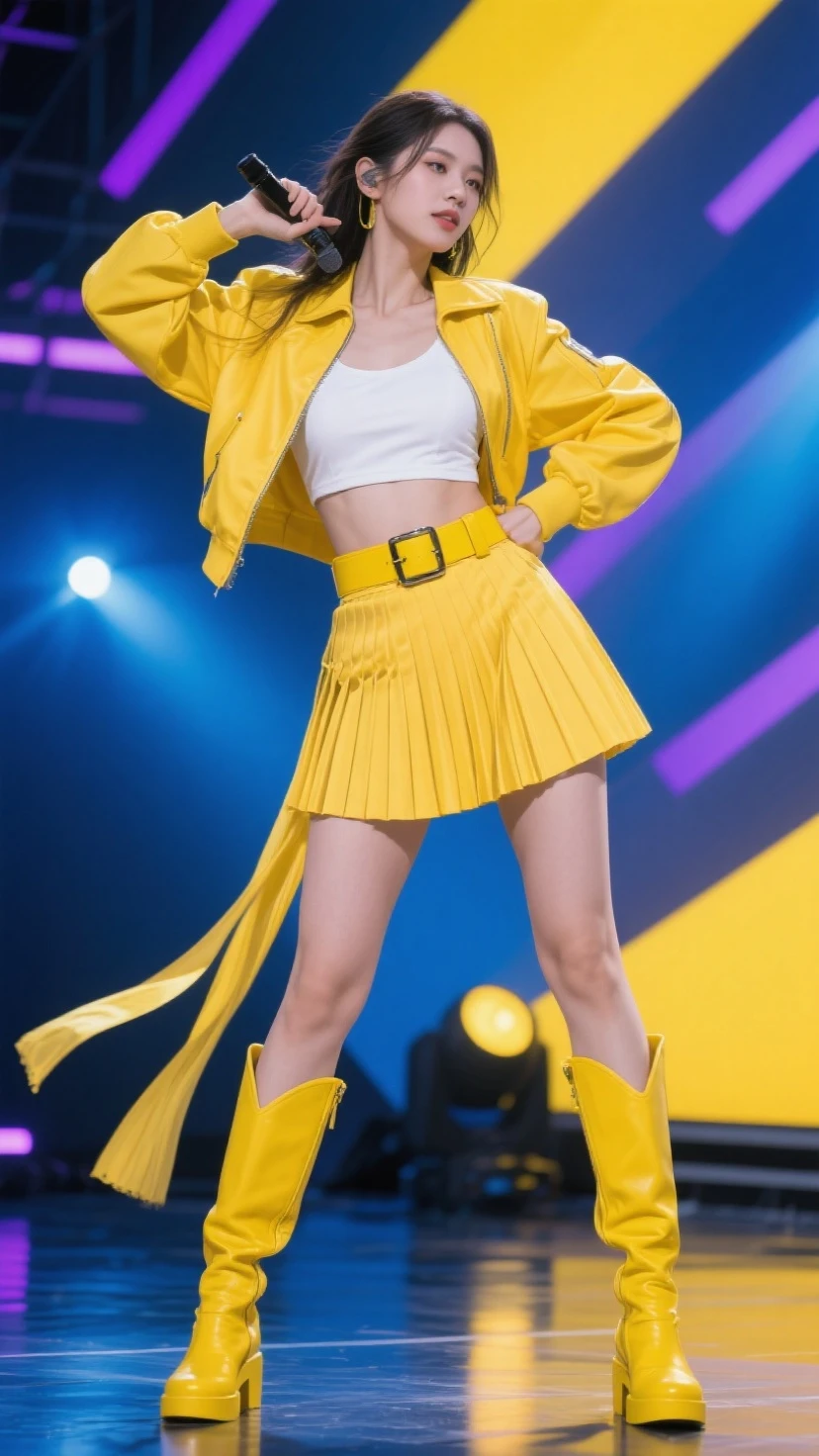 top quality raw photo of 18-years-old Emily VanCamp wearing headphone, white miniskirt Yellow pattern, Navel look, pose, full body, She should be on the stage, colorful lights.